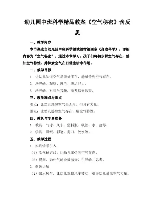 幼儿园中班科学精品教案《空气的秘密》含反思