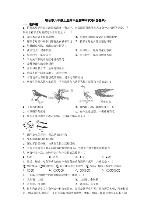 烟台市八年级上册期中生物期中试卷(含答案)