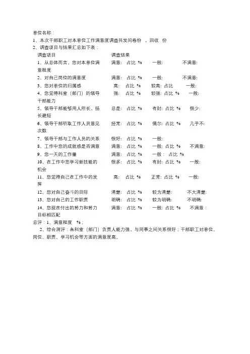 干部职工对本单位工作的满意度调查汇总表