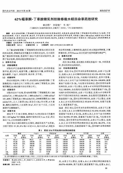 62%恶草酮·丁草胺微乳剂防除移栽水稻田杂草药效研究