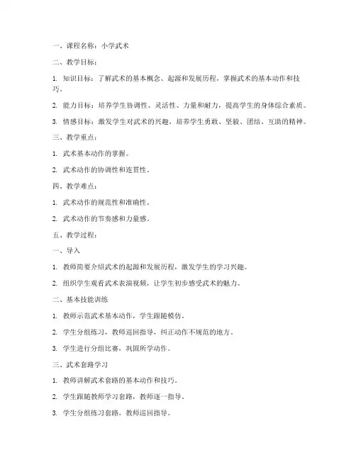 小学武术优质教案模板范文
