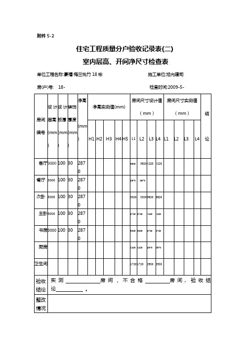 室内层高、开间净尺寸检查表