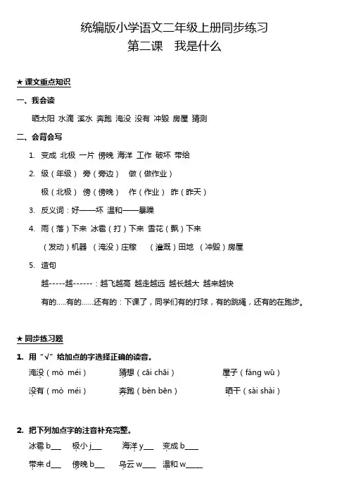 部编版小学语文二年级上册2.我是什么 课课练试题(含答案)