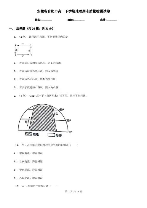安徽省合肥市高一下学期地理期末质量检测试卷