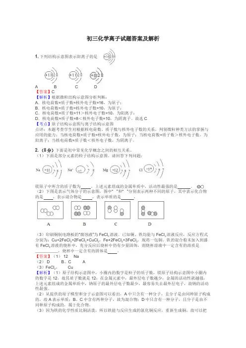 初三化学离子试题答案及解析
