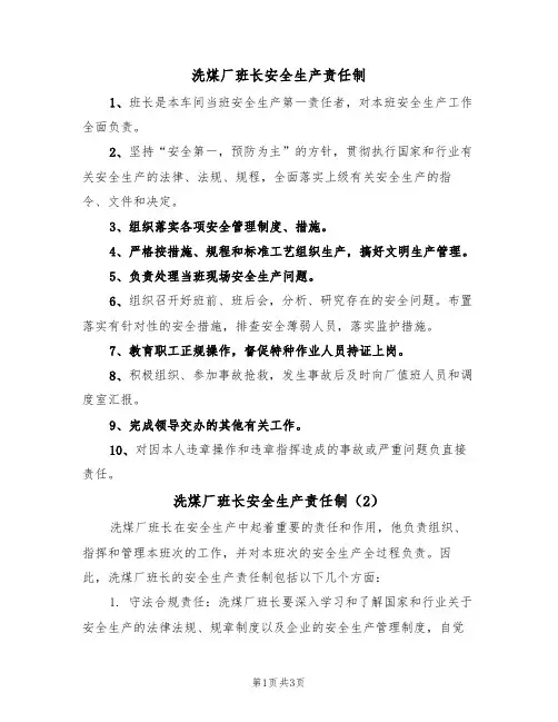 洗煤厂班长安全生产责任制(3篇)