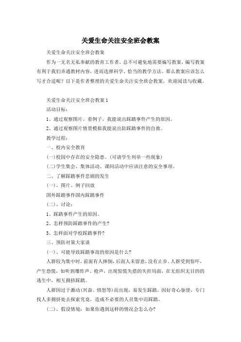 关爱生命关注安全班会教案