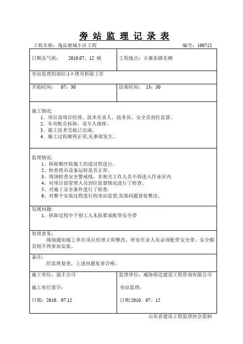 塔吊拆除旁站记录【范本模板】