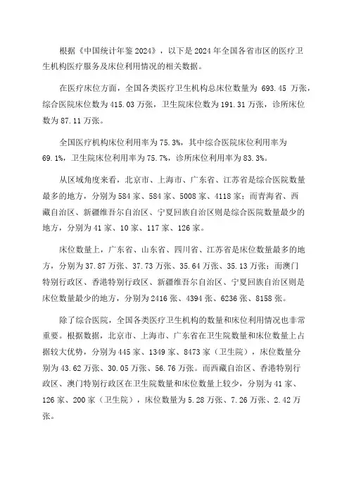 中国统计年鉴2024全国各省市区社会经济发展指标各类医疗卫生机构医疗服务及床位利用情况(2024年