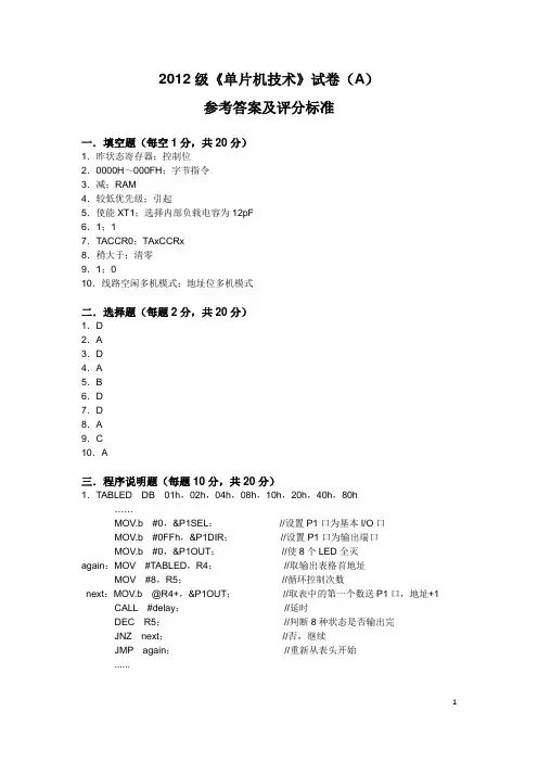 单片机试卷A(2012计科)答案