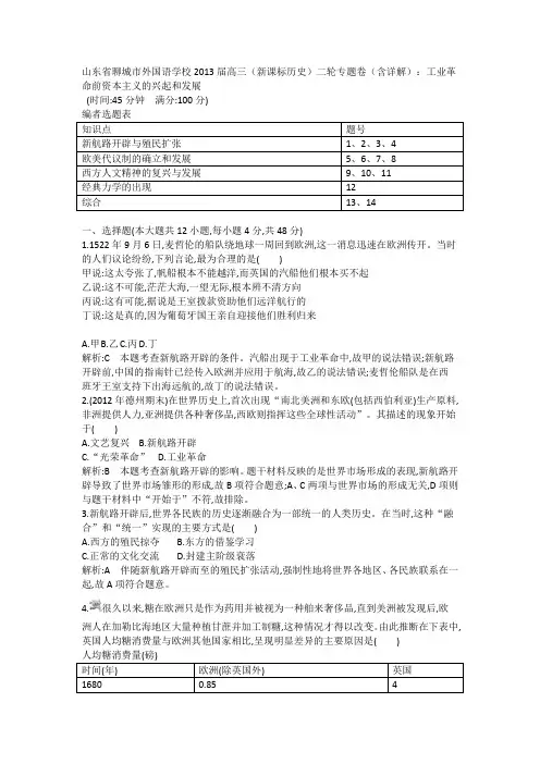 高三历史二轮专题卷(含详解)：工业革命前资本主义的兴起和发展