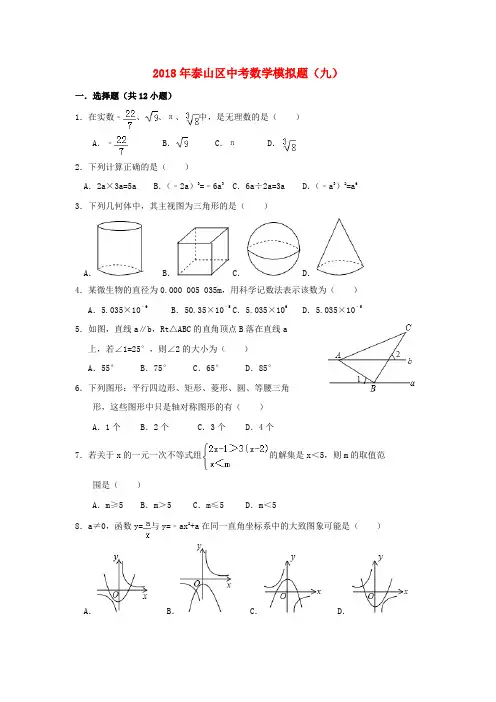 山东省泰安市泰山区2018年中考数学模拟试题9