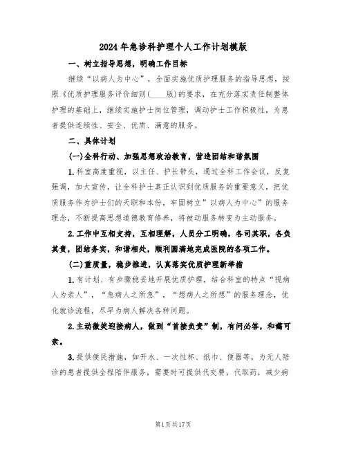 2024年急诊科护理个人工作计划模版(5篇)
