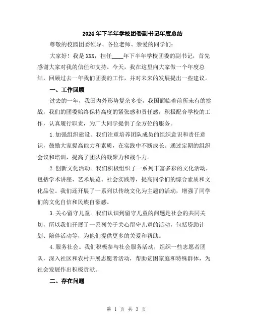 2024年下半年学校团委副书记年度总结