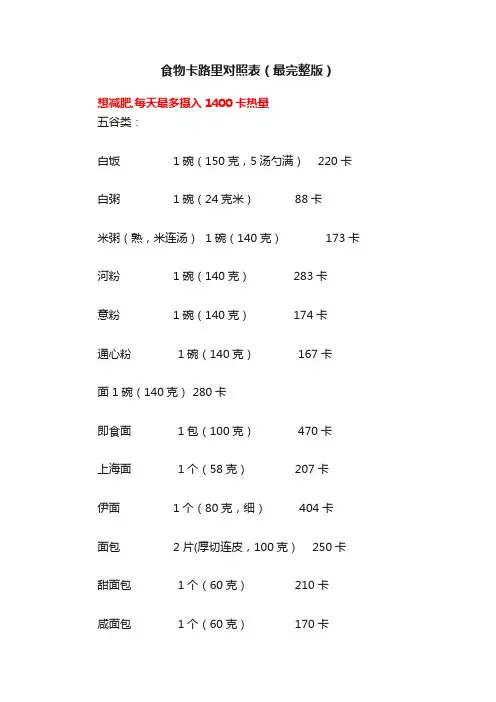 食物卡路里对照表（最完整版）
