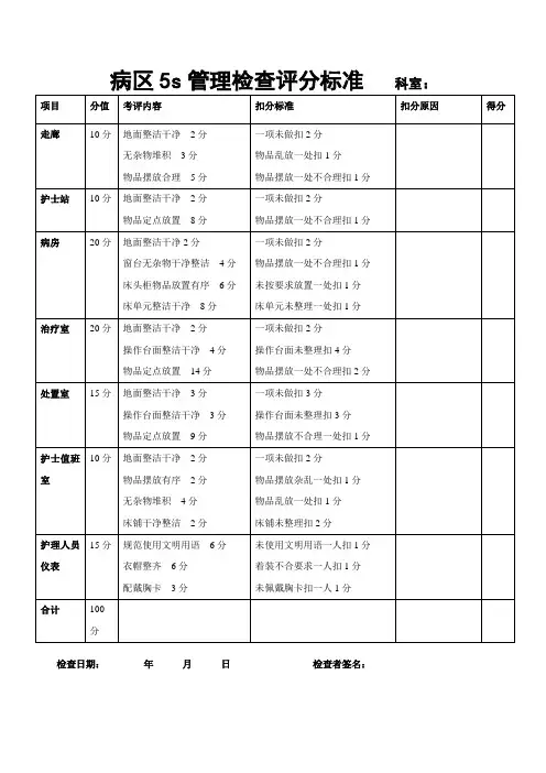 5s管理检查评分标准