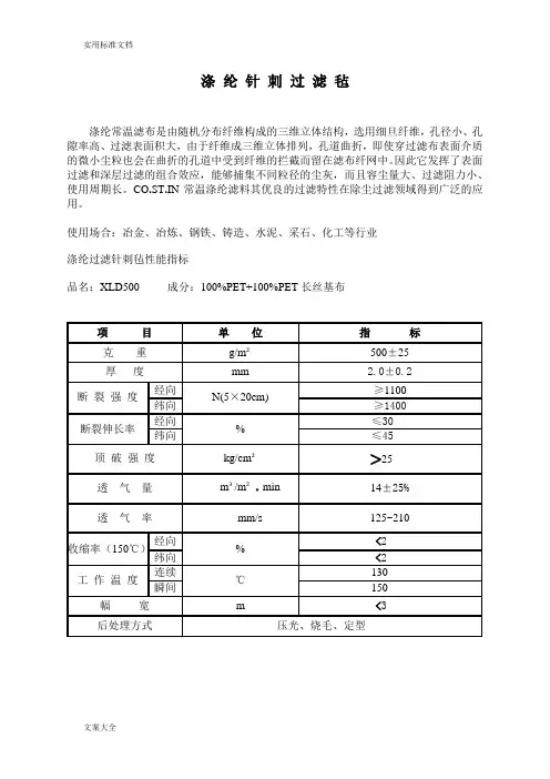 各种针刺过滤毡全参数指标