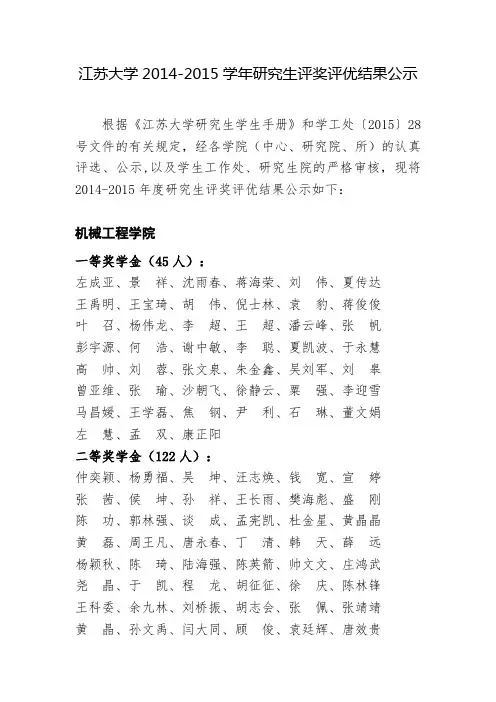 江苏大学2014-2015学年研究生评奖评优结果公示