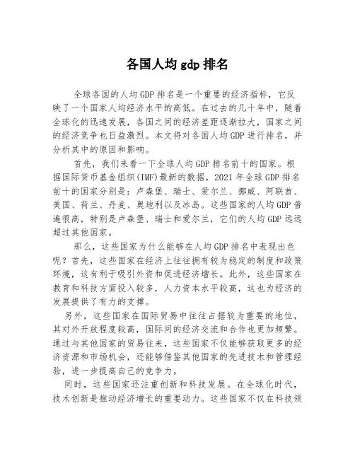 各国人均gdp排名