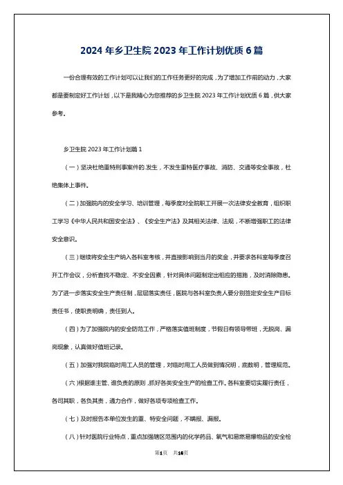2024年乡卫生院2023年工作计划优质6篇