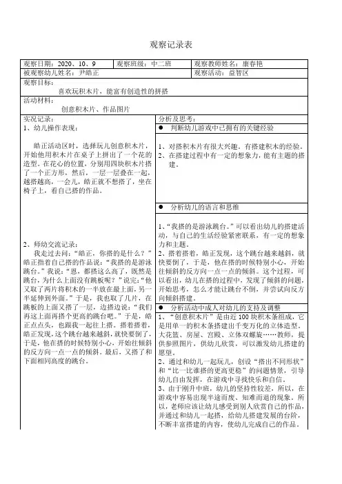 幼儿园区域观察记录表2