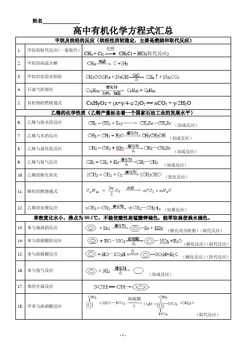 (完整版)高中有机化学方程式汇总