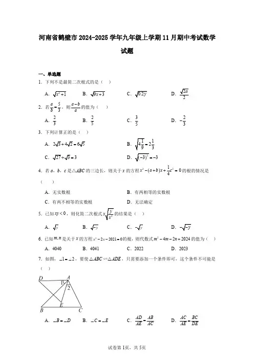 河南省鹤壁市2024-2025学年九年级上学期11月期中考试数学试题