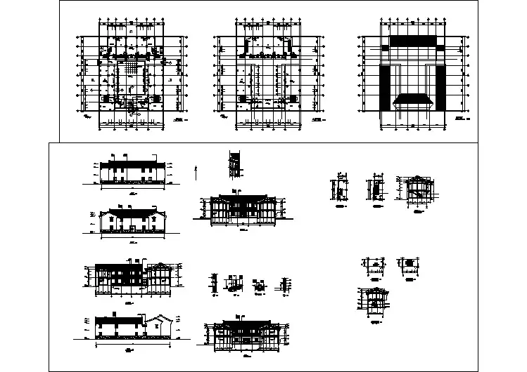 某地多层仿古建筑全套施工设计cad图（含顶平面图，剖面图）