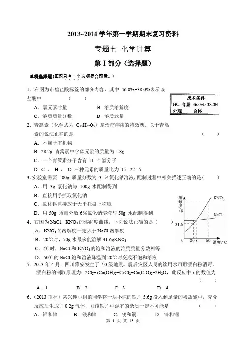2013~2014学年第一学期期末复习资料 专题七 化学计算
