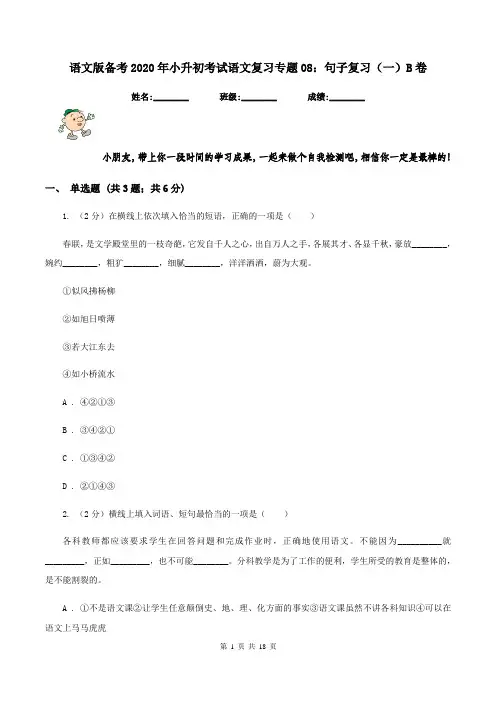 语文版备考2020年小升初考试语文复习专题08：句子复习(一)B卷