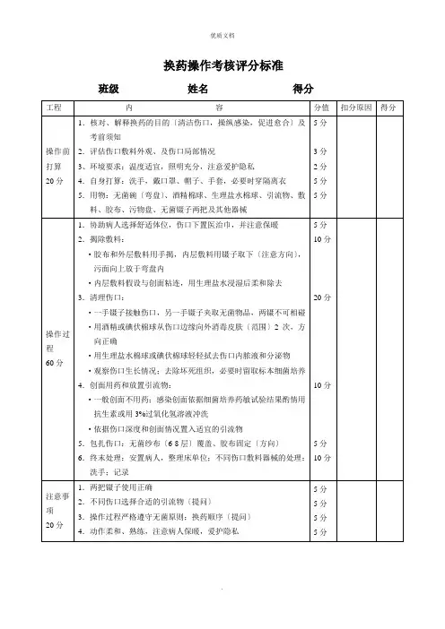 换药操作考核评分标准