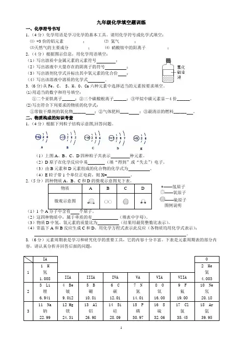 九年级化学填空题训练