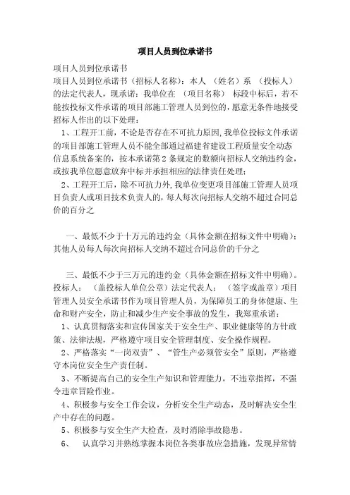 项目人员到位承诺书（范文）