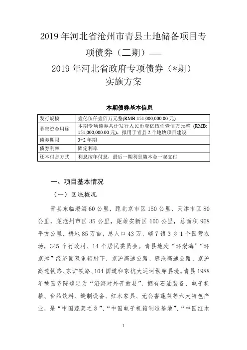 2019年河北省沧州市青县土地储备项目专项债券-实施方案
