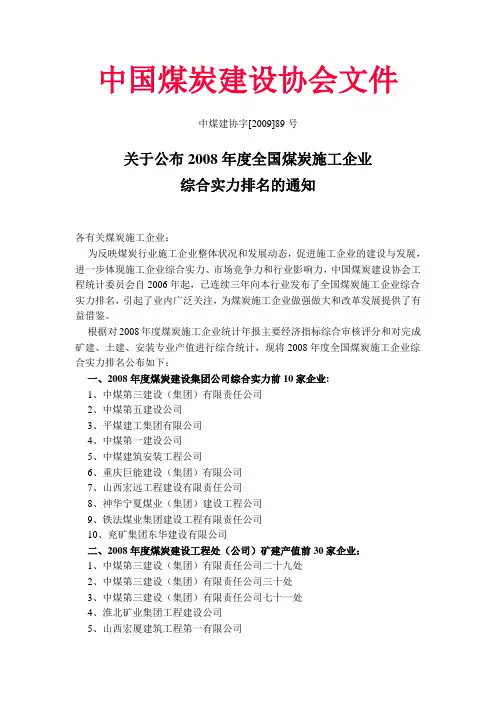 08年度煤炭施工企业实力排行榜