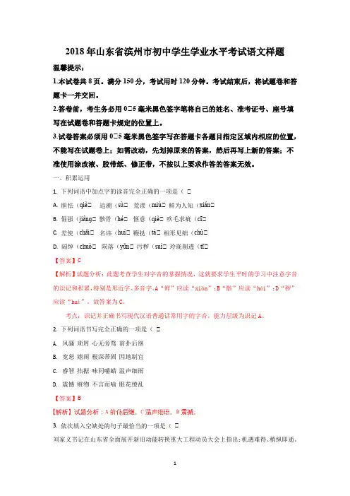 2018年山东省滨州市初中学生学业水平考试语文样题(解析版)