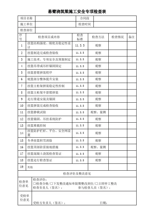 悬臂浇筑梁施工安全专项检查表