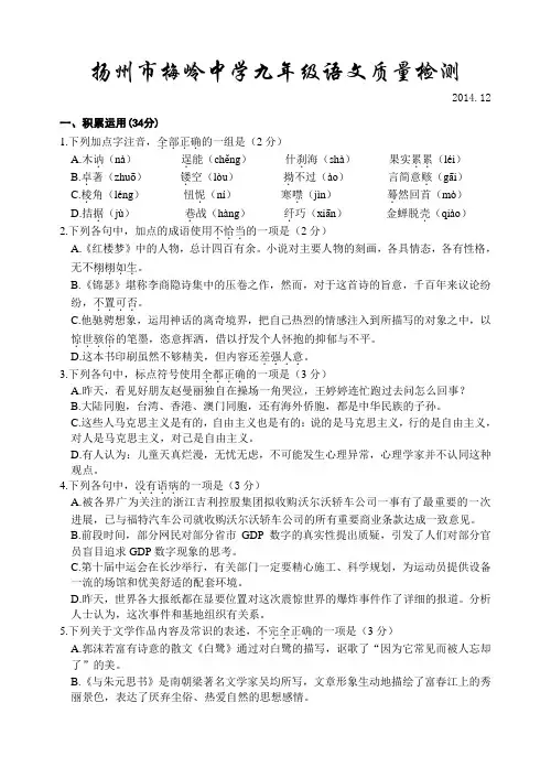扬州市梅岭中学九年级语文质量检测