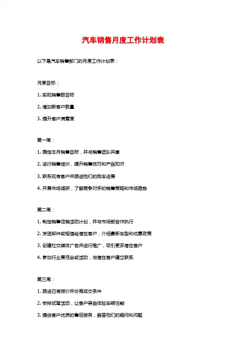 汽车销售月度工作计划表