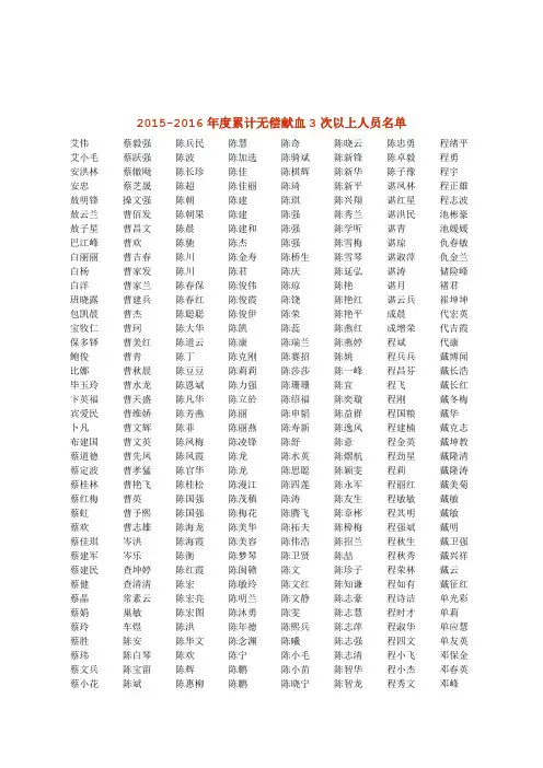 2015-2016年度累计无偿献血3次以上人员名单.doc