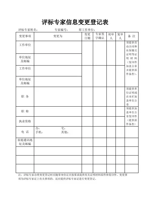评标专家信息变更登记表