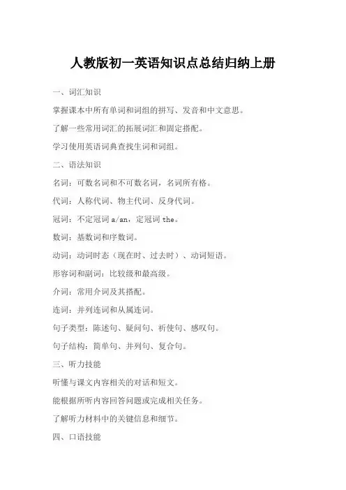 人教版初一英语知识点总结归纳上册