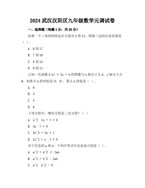 2024武汉汉阳区九年级数学元调试卷