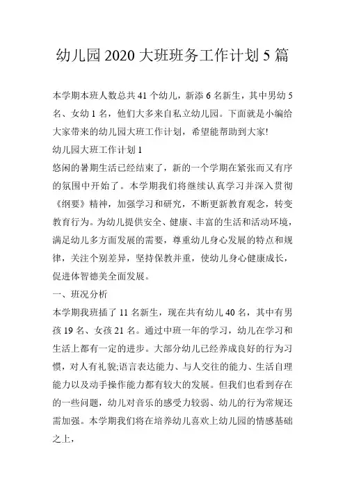 幼儿园2020大班班务工作计划5篇