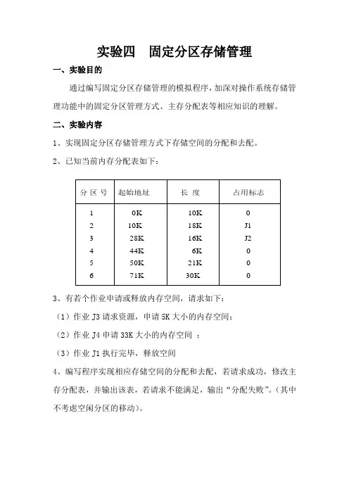 实验四  固定分区存储管理