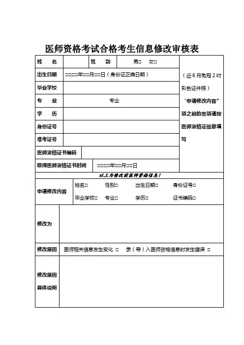 医师资格考试合格考生信息修改审核表