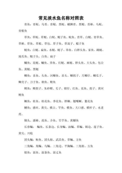常见淡水鱼名称对照表格模板