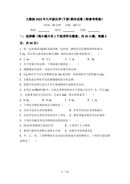 人教版2023年九年级化学(下册)期末试卷(附参考答案)