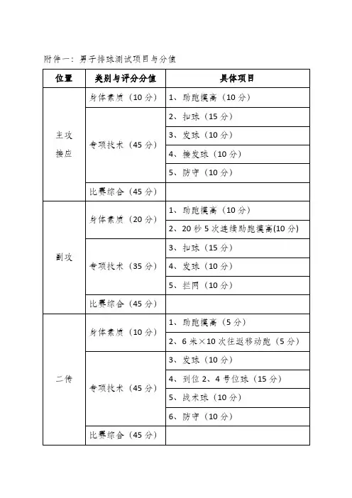 男子排球测试项目与分值位置类别与评分分值具体项目主攻