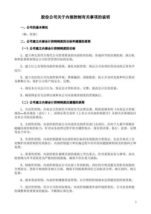 股份公司关于内部控制有关事项的说明